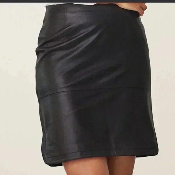 Part Two Ursanas  PW 100%Leather Skirts Sz 6/8 W34 Black Zipper Soft Side Slit - Picture 2 of 11